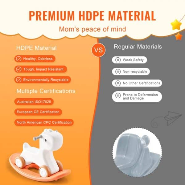 premium hdpe material VEVOR rocking horse vs regular materials comparison, highlighting safety and certifications.