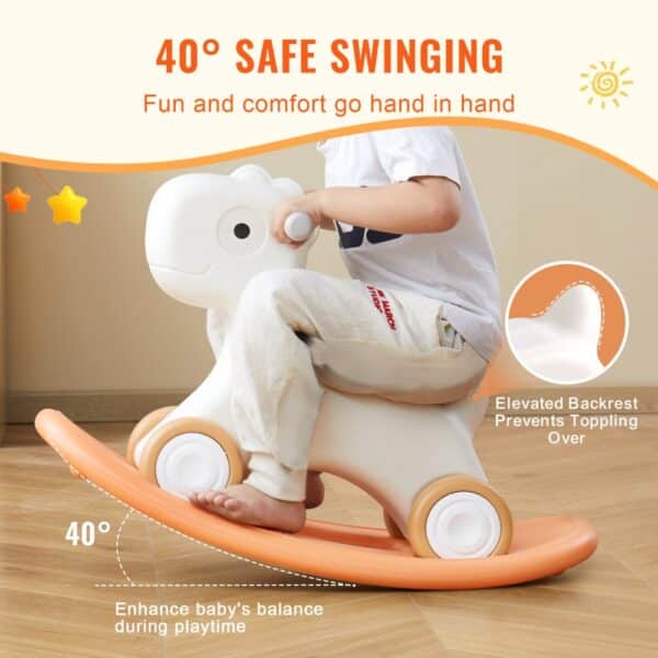 child enjoying a VEVOR rocking horse, featuring a 40° safe swinging angle and elevated backrest.