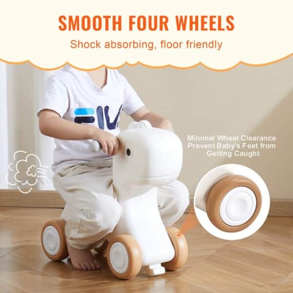 child riding VEVOR rocking horse with smooth wheels, promoting floor-friendly, shock-absorbing design.