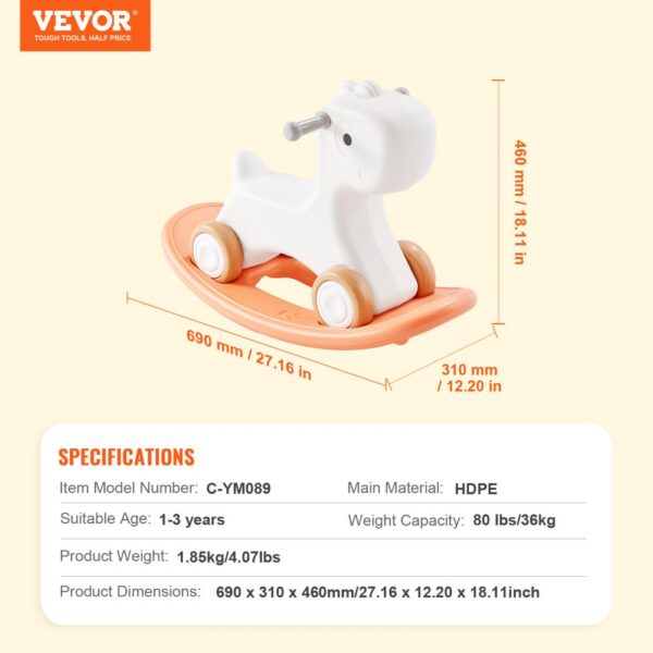 VEVOR rocking horse in white and orange with dimensions 690 x 310 x 460mm, suitable for ages 1-3 years.