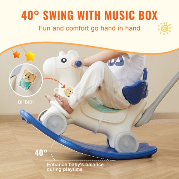 child enjoying the VEVOR rocking horse with 40° swing and music box for playtime balance enhancement.