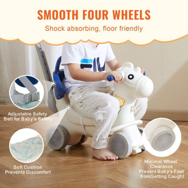 VEVOR rocking horse with smooth wheels, adjustable safety belt, and soft cushion for baby comfort.