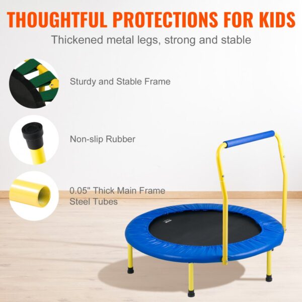 VEVOR trampoline with sturdy metal legs, non-slip rubber feet, and a padded handle for children's safety.