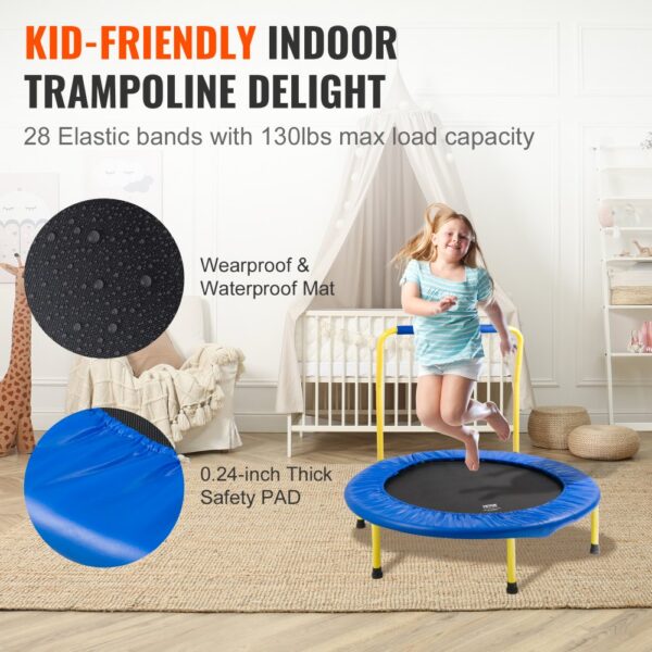 kid-friendly indoor VEVOR trampoline with 28 elastic bands, wearproof mat, and 0.24-inch thick safety pad.