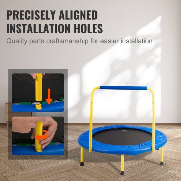 VEVOR trampoline with precisely aligned installation holes for easier assembly, featuring a blue and yellow frame.