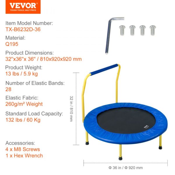 VEVOR trampoline with blue padding, yellow handrail, 28 elastic bands, dimensions 32"x36"x36", 13 lbs weight.