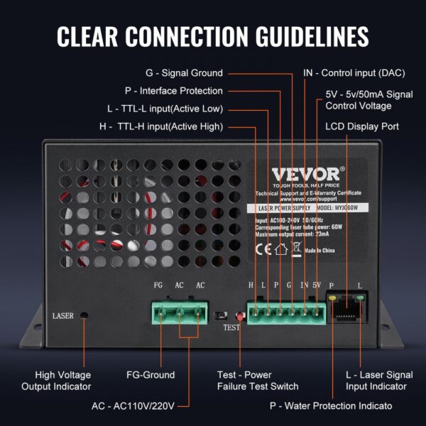 VEVOR CO2 Laser Power Supply for 60W Laser Tube, Constant Current Protection, Open Circuit Protection, Fast Heat Dissipation, Compatible with Multiple Brands Laser Engravers and Cutters