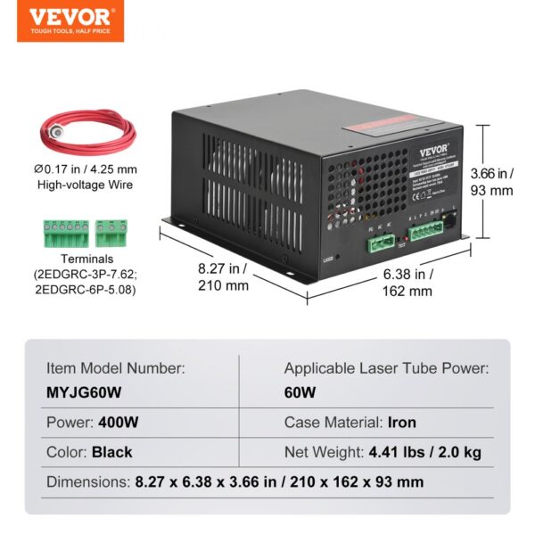 VEVOR CO2 Laser Power Supply for 60W Laser Tube, Constant Current Protection, Open Circuit Protection, Fast Heat Dissipation, Compatible with Multiple Brands Laser Engravers and Cutters