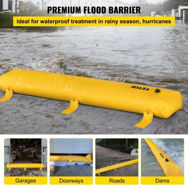 yellow premium VEVOR flood barrier in use, ideal for garages, doorways, roads, and dams during floods.