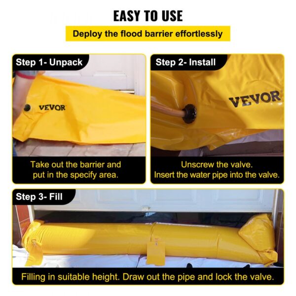 VEVOR flood barrier setup steps: unpack, install, and fill to desired height for effective flood control.