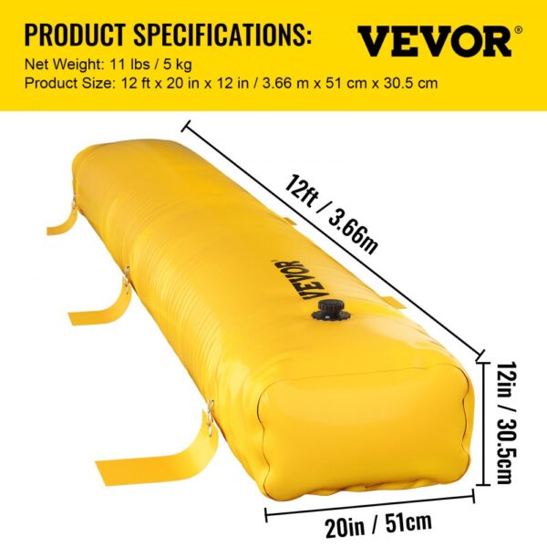 yellow VEVOR flood barrier, 12ft x 20in x 12in, with handles and valve, floating on white background.