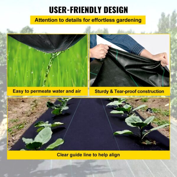 VEVOR weed barrier fabric: user-friendly, water permeable, tear-proof, alignment guide.