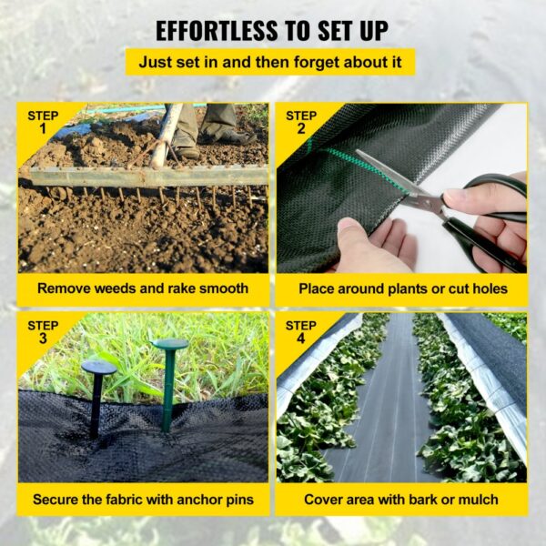 steps to set up VEVOR weed barrier fabric: rake soil, cut fabric, secure with pins, cover.