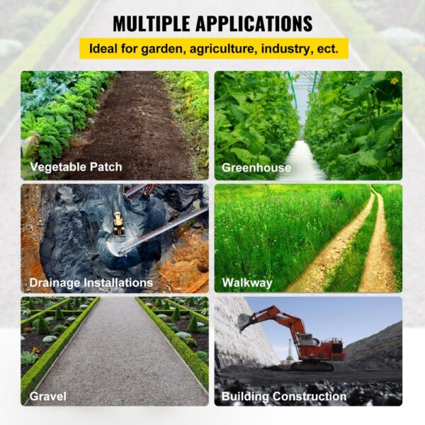 multiple applications of VEVOR weed barrier fabric: vegetable patch, greenhouse, walkway.