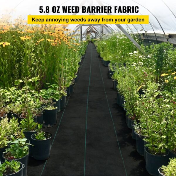 VEVOR weed barrier used in a greenhouse with potted plants on both sides of the aisle.