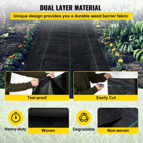 VEVOR weed barrier fabric laying in a garden, showing tear-proof, easily cut, and durable.