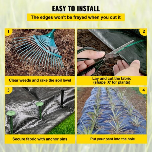 VEVOR weed barrier installation steps: rake soil, cut fabric, secure with pins, plant.