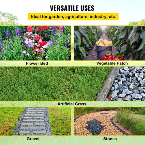 versatile uses of VEVOR weed barrier in flower beds, vegetable patches, artificial grass.