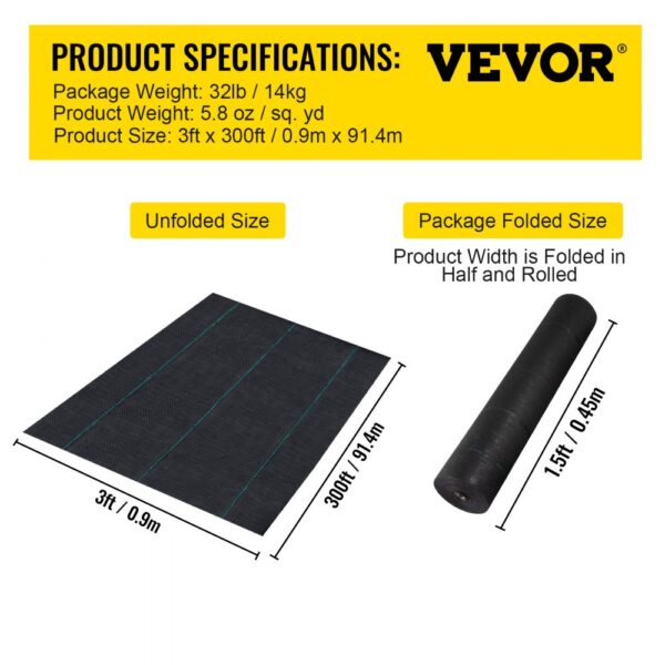 VEVOR weed barrier, 3ft x 300ft, folded size 1.5ft x 300ft, 32lb package.