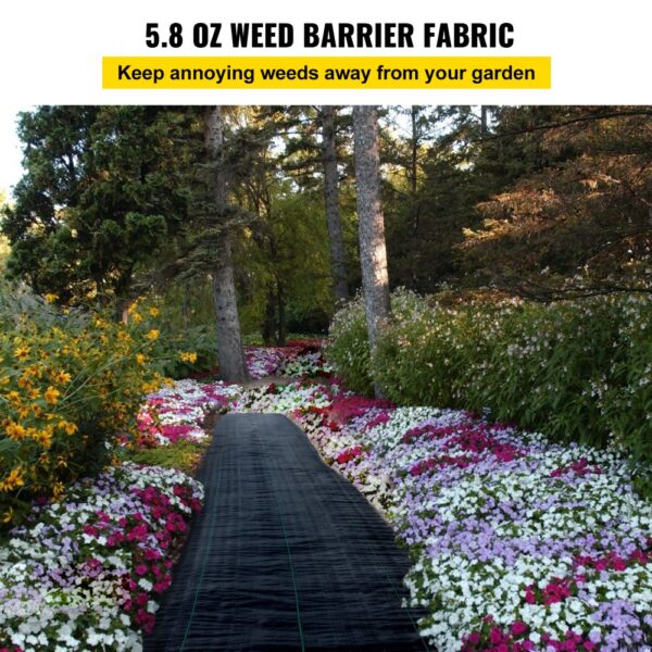 VEVOR garden weed barrier fabric laid in a vibrant flower garden path.