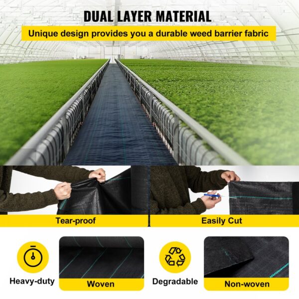 VEVOR garden weed barrier fabric in greenhouse, tear-proof and easily cut features.