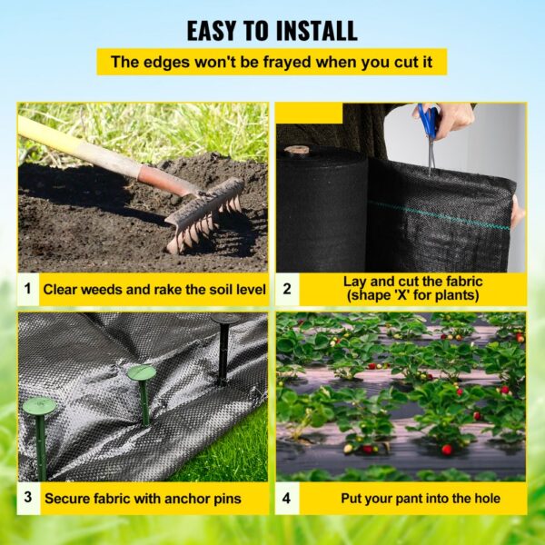 easy installation of VEVOR garden weed barrier fabric: clear weeds, cut, secure, plant.