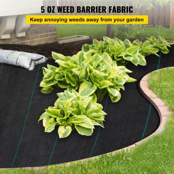 VEVOR weed barrier fabric installed in garden bed with lush green plants, preventing weed growth.