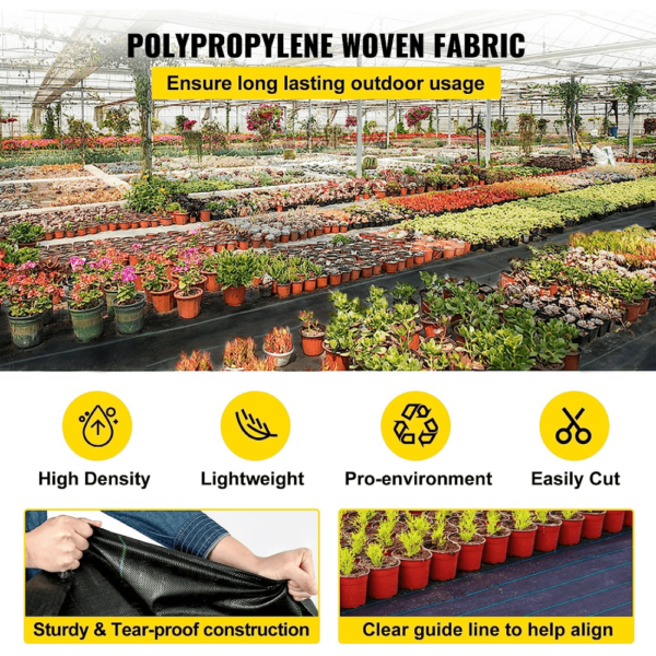 VEVOR weed barrier fabric in a plant nursery with polypropylene woven fabric benefits highlighted.