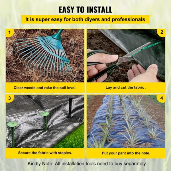 steps to install VEVOR weed barrier fabric: rake soil, cut fabric, secure with staples, add plants.