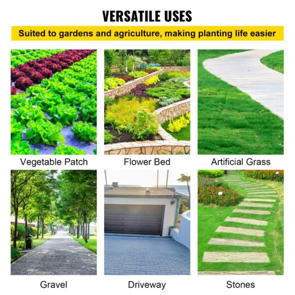 versatile uses for VEVOR weed barrier fabric: vegetable patch, flower bed, artificial grass, gravel, driveway, stones.