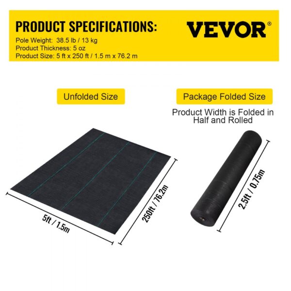 VEVOR weed barrier fabric: unfolded size 5ft x 250ft, folded package size 2.5ft x 0.75m.