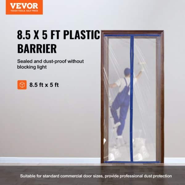 VEVOR dust barrier door kit, 8.5 x 5 ft, plastic, dust-proof, transparent, sealed, worker in background.