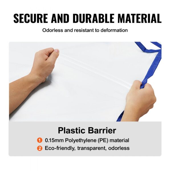 hands stretching clear plastic sheet, highlighting durable 0.15mm pe material for VEVOR dust barrier door kit.