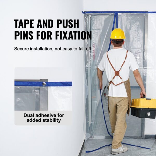 worker installing VEVOR dust barrier door kit with tape and push pins for secure fixation, dual adhesive.