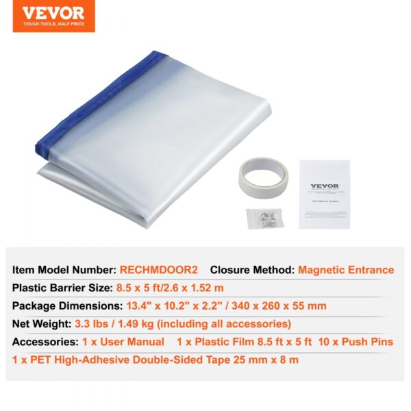 VEVOR dust barrier door kit, plastic barrier, tape, user manual, and push pins displayed on a white background.