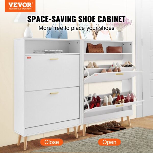 VEVOR shoe cabinet with white finish, showcasing closed and open compartments filled with shoes.