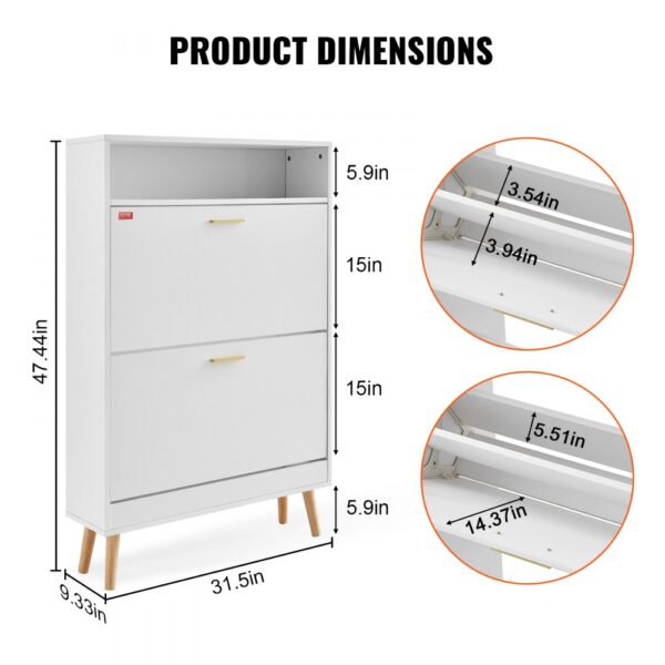 VEVOR shoe cabinet dimensions: 47.44"x31.5"x9.33" with 15" compartments, top shelf 5.9", white, wood legs.