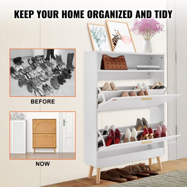 VEVOR shoe cabinet organizing shoes in a tidy and stylish way, with a before-and-after comparison.