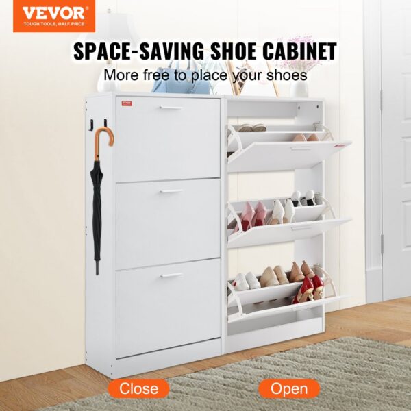 VEVOR shoe cabinet with closed and open views showcasing organized shoe shelves and umbrella holder.