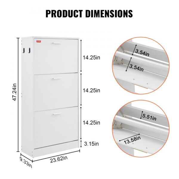 VEVOR shoe cabinet dimensions: 47.24in height, 23.62in width, 9.33in depth. storage depth 3.54in.