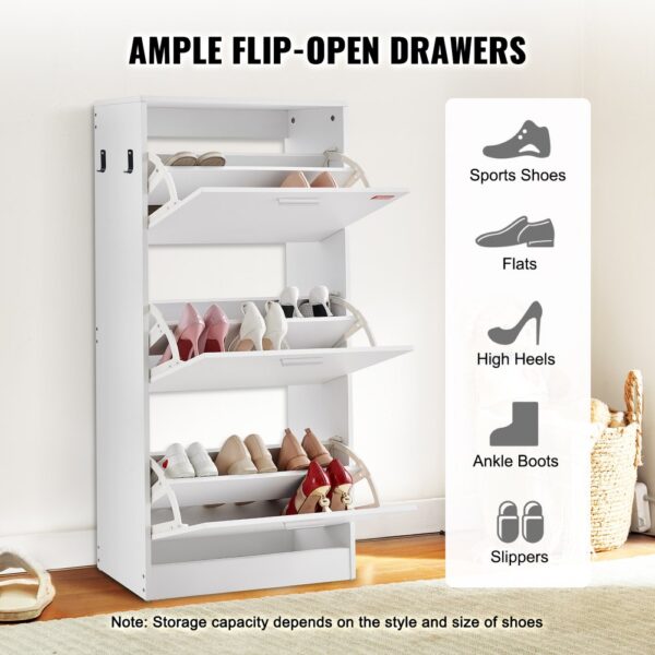 VEVOR shoe cabinet with ample flip-open drawers showcasing various footwear styles for organized storage.