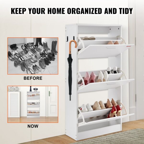 VEVOR shoe cabinet organizing shoes, showing a tidy space transformation from before to now.