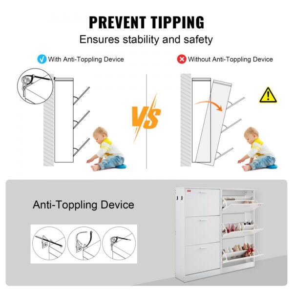 prevent tipping ensures stability and safety, VEVOR shoe cabinet with and without anti-toppling device comparison.