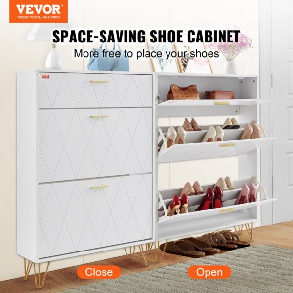 VEVOR shoe cabinet with gold legs, multiple pull-out drawers, and stylish diamond patterns. space-saving.