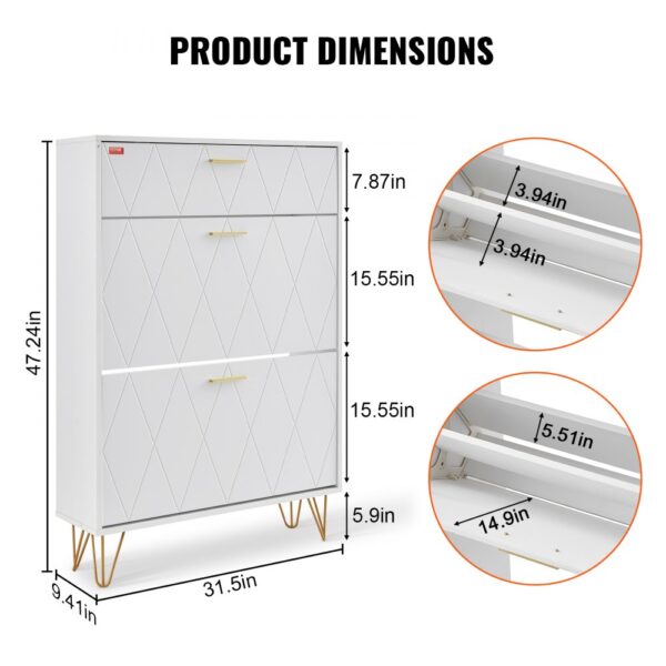 VEVOR shoe cabinet with dimensions 47.24in x 31.5in x 9.41in, featuring three compartments and gold handles.