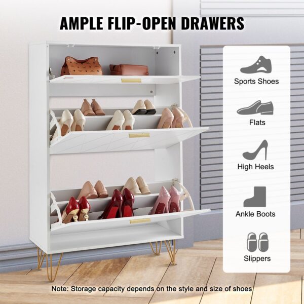 VEVOR shoe cabinet with ample flip-open drawers, storing sports shoes, flats, high heels, ankle boots, and slippers.