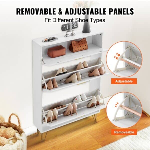 white VEVOR shoe cabinet with removable and adjustable shelves, holding various types of shoes and accessories.