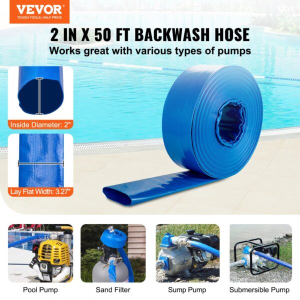 VEVOR Backwash Hose, 2 in x 50 ft, Heavy-Duty PVC Flat Pool Discharge Hose with Aluminum Camlock C & E Fittings, Clamps, Compatible with Pumps, Sand Filters, for Swimming Pools Waste Water Drain, Blue