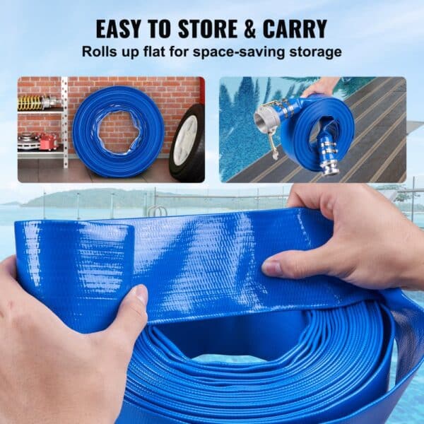 VEVOR Backwash Hose, 2 in x 50 ft, Heavy-Duty PVC Flat Pool Discharge Hose with Aluminum Camlock C & E Fittings, Clamps, Compatible with Pumps, Sand Filters, for Swimming Pools Waste Water Drain, Blue