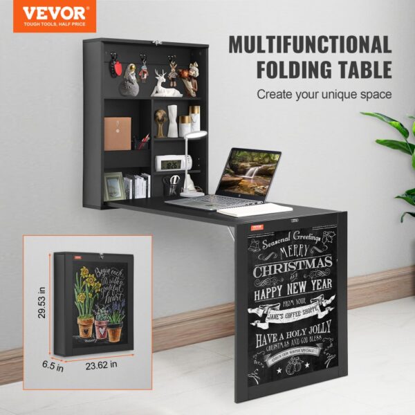 multifunctional VEVOR wall mounted desk with shelves, laptop, decor items, and christmas-themed blackboard.